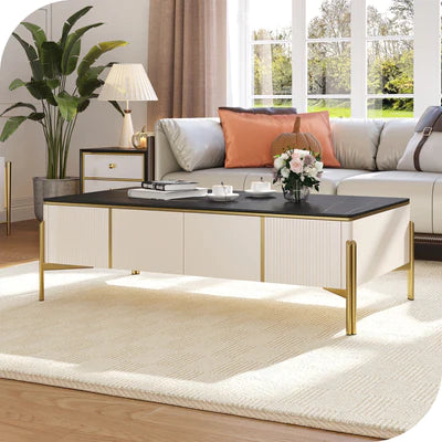 Nordic Modern Black Marble Top Wood Coffee Table with 4 Drawers