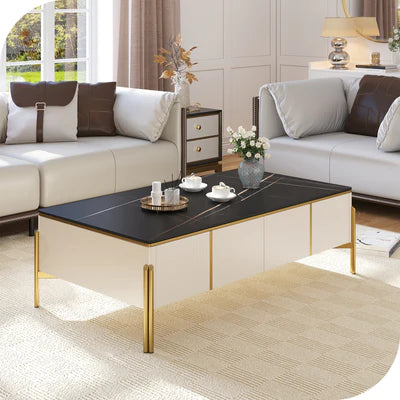 Nordic Modern Black Marble Top Wood Coffee Table with 4 Drawers