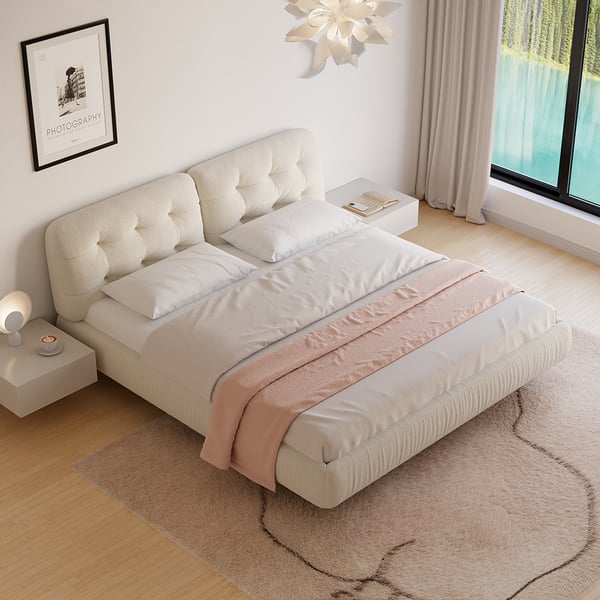 Milky Creme Color Suede Tufting Bed