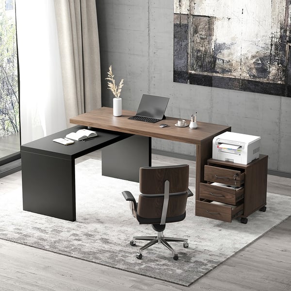 Delmon Movable File Cabinet White & Natural L-Shaped Rotating Desk