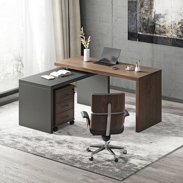 Delmon Movable File Cabinet White & Natural L-Shaped Rotating Desk
