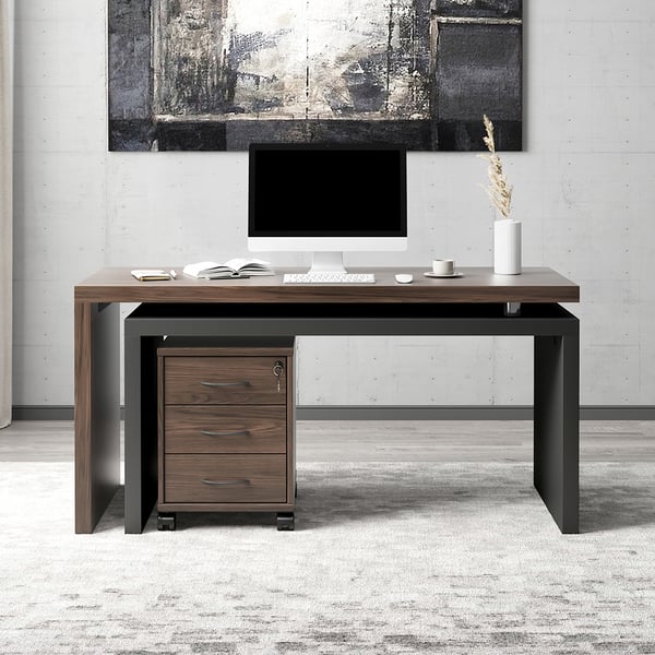Delmon Movable File Cabinet White & Natural L-Shaped Rotating Desk