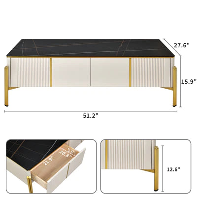 Nordic Modern Black Marble Top Wood Coffee Table with 4 Drawers