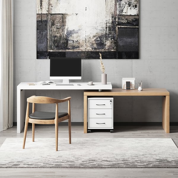 Delmon Movable File Cabinet White & Natural L-Shaped Rotating Desk