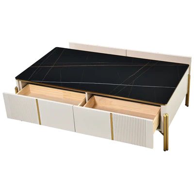 Nordic Modern Black Marble Top Wood Coffee Table with 4 Drawers