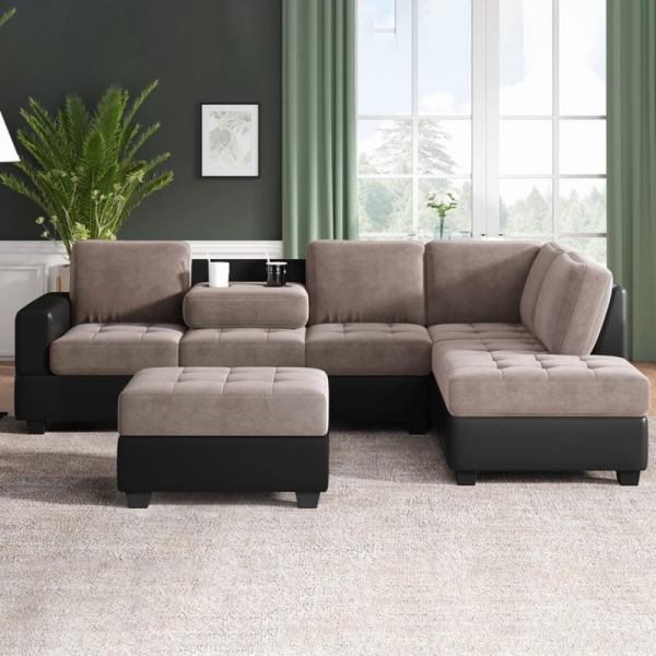Sectional L-Sofa With Storage Ottoman and Cup Holders