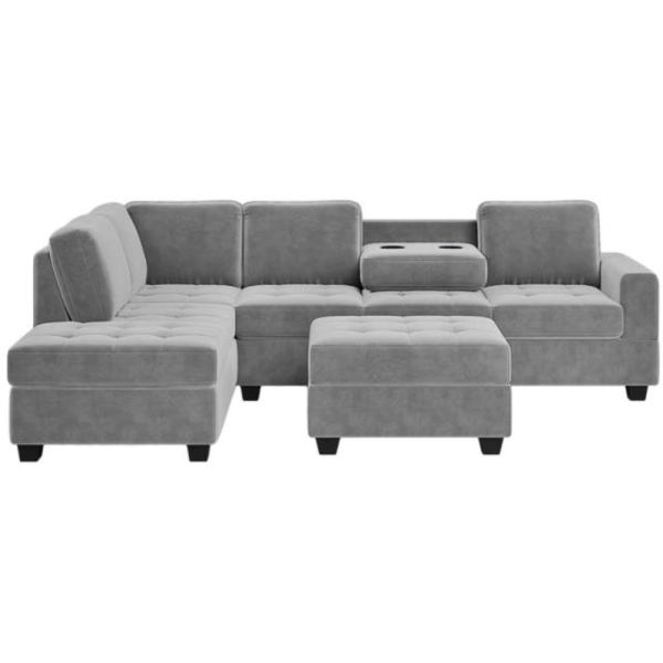 Sectional L-Sofa With Storage Ottoman and Cup Holders