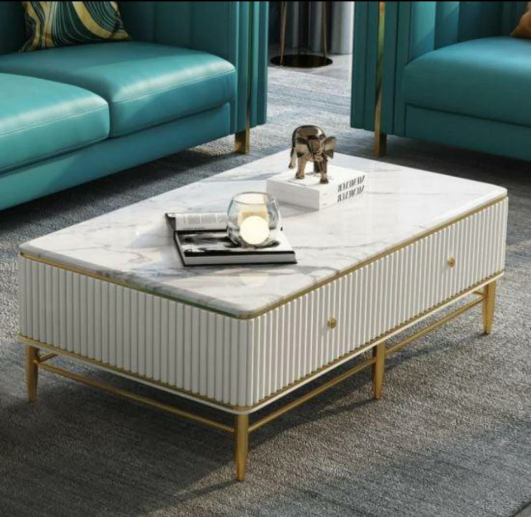 Nordic Modern white Marble Top Wood Coffee Table with 4 Drawers