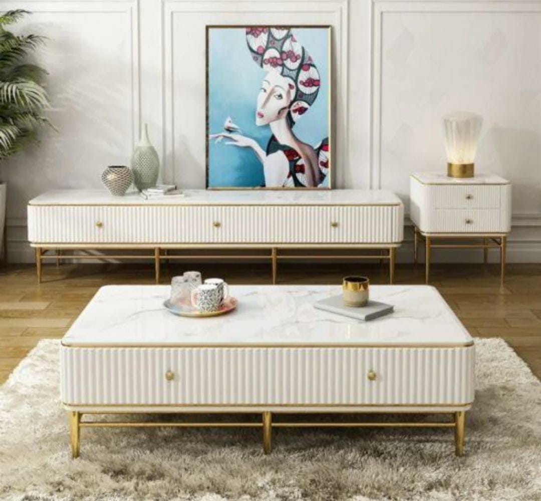 Nordic Modern white Marble Top Wood Coffee Table with 4 Drawers