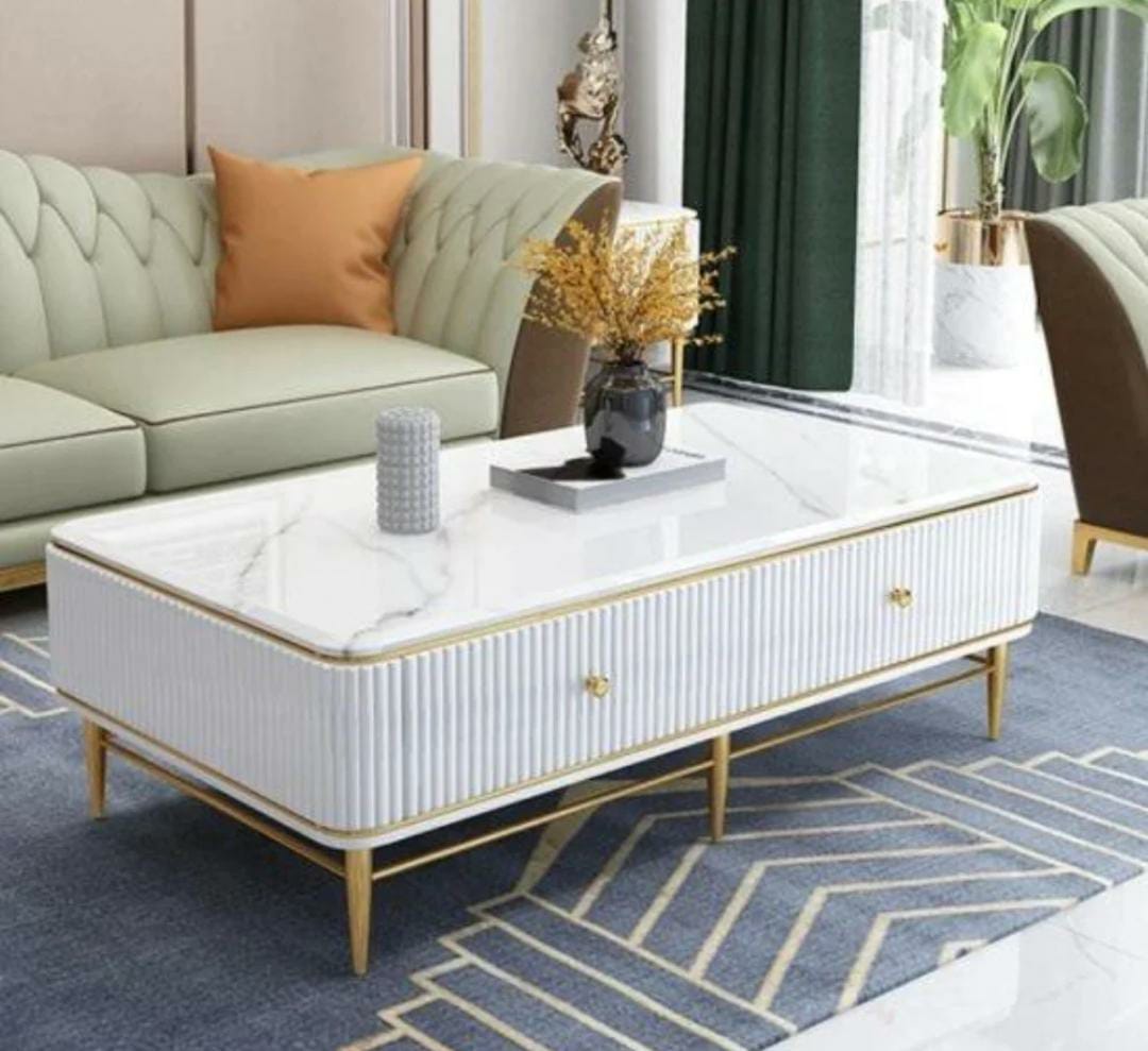 Nordic Modern white Marble Top Wood Coffee Table with 4 Drawers