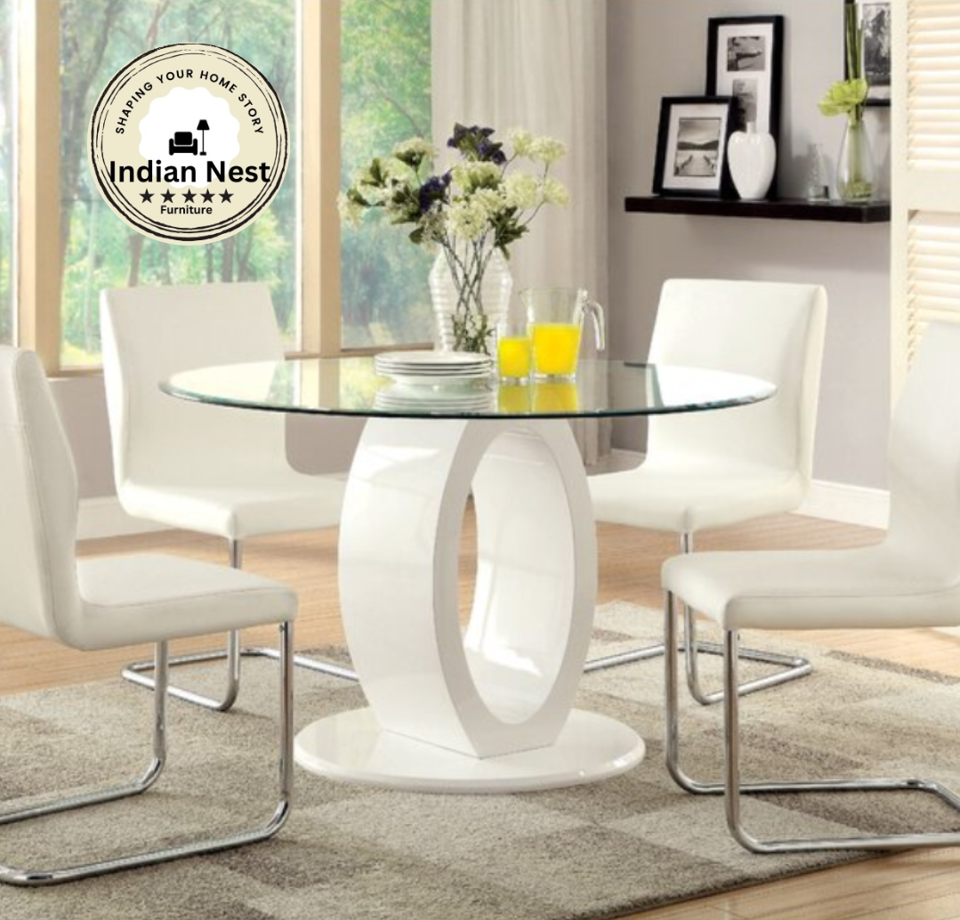 Round Dining Room Glass Dining Table With White Chairs Glass Top