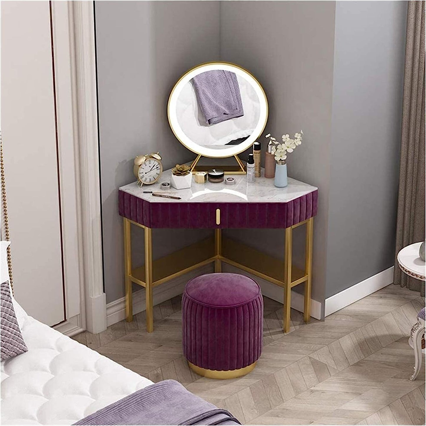 Nordic Corner Dressing Table with Ottoman
