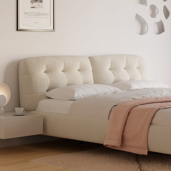 Milky Creme Color Suede Tufting Bed