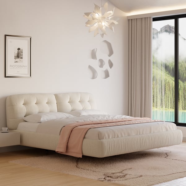 Milky Creme Color Suede Tufting Bed