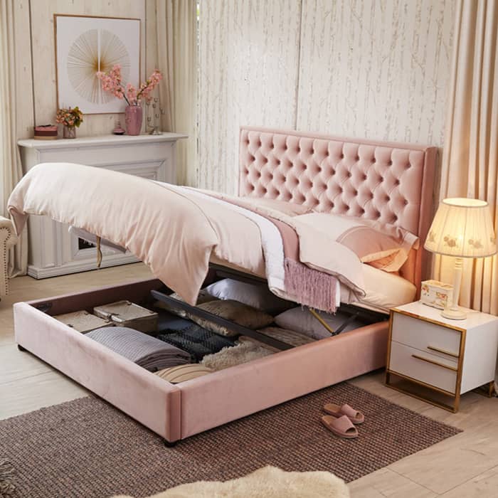 Pinkish rich suede tufting bed with storage