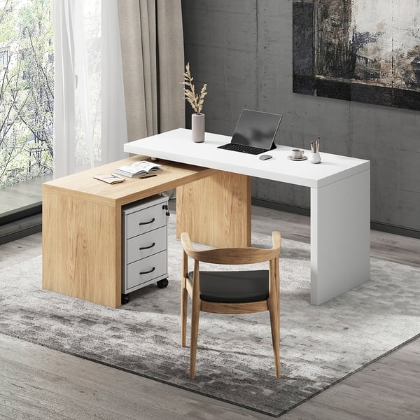 Delmon Movable File Cabinet White & Natural L-Shaped Rotating Desk