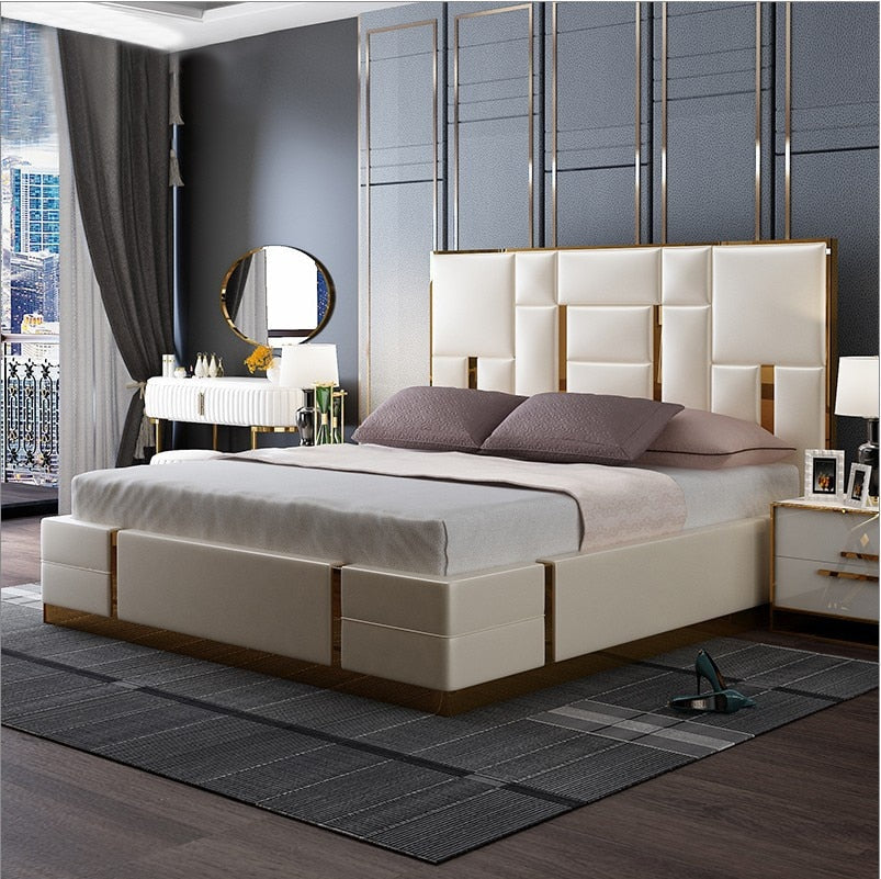 Romania White And Gold Plated Designed Light Luxury Bed