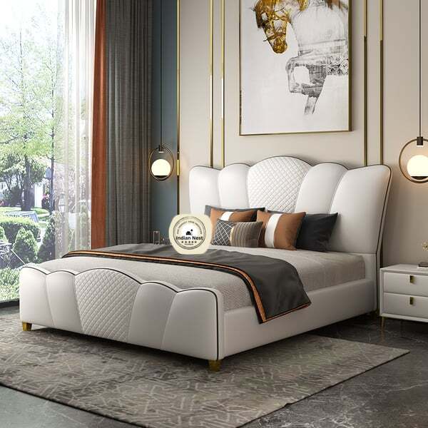 Milky White Leatherette Bed With Curved Headboard