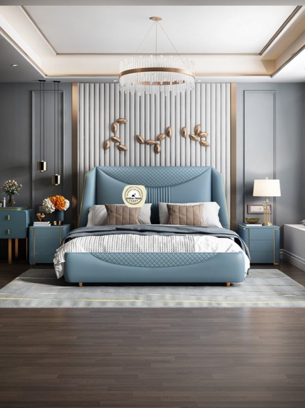 Blue Colored Modern Headboard Tufted Leatherette Bed for Bedroom