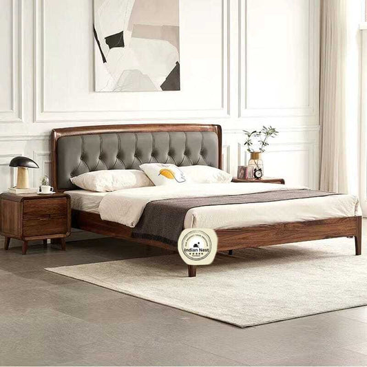 Haki Upholstery Bed With Natural Walnut Polish