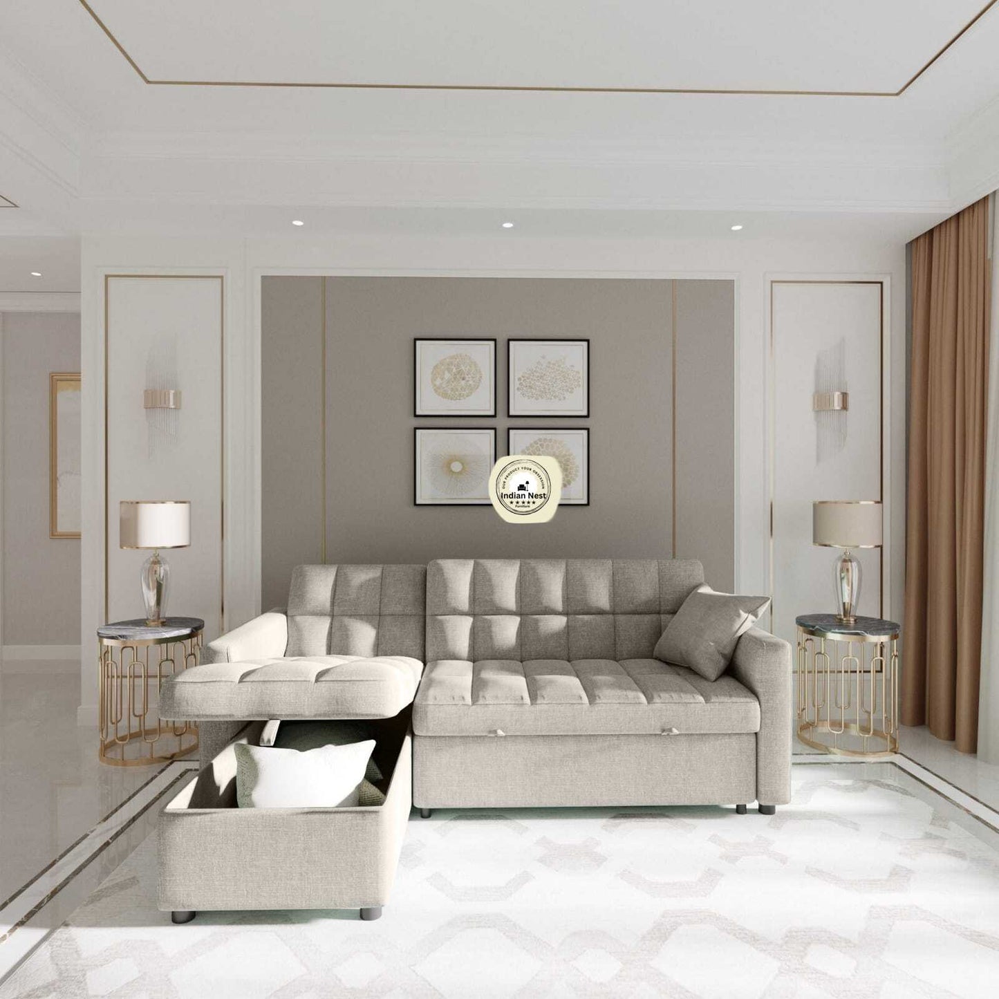 Aspen L-Shape Sofa cum bed with Storage in Velvet