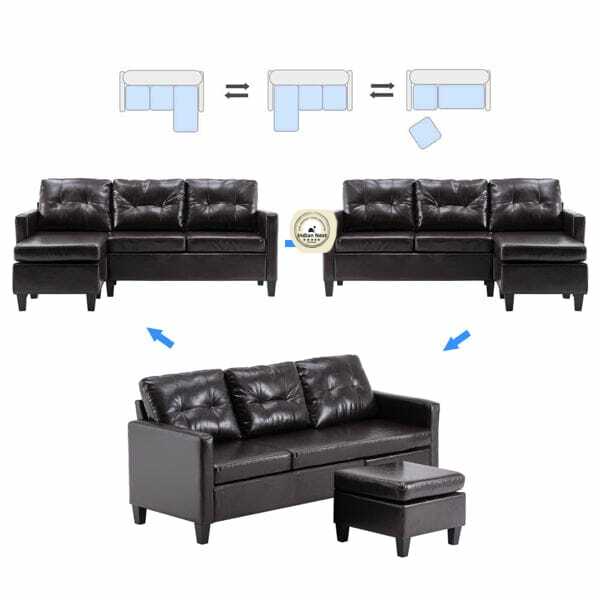 Coffee Convertible Sectional Leather Sofa With Ottoman