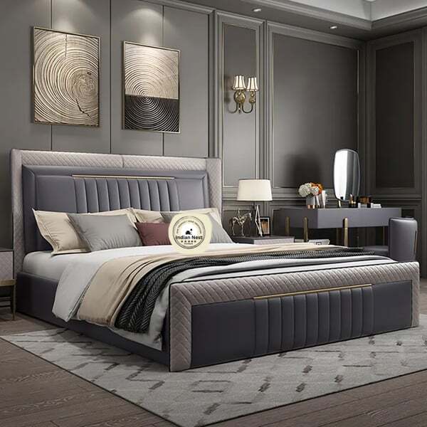 Classic Upholstered Wingback Bed In Purple leatherate