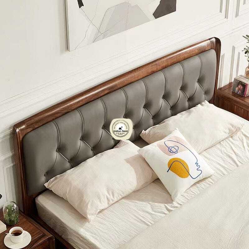 Haki Upholstery Bed With Natural Walnut Polish