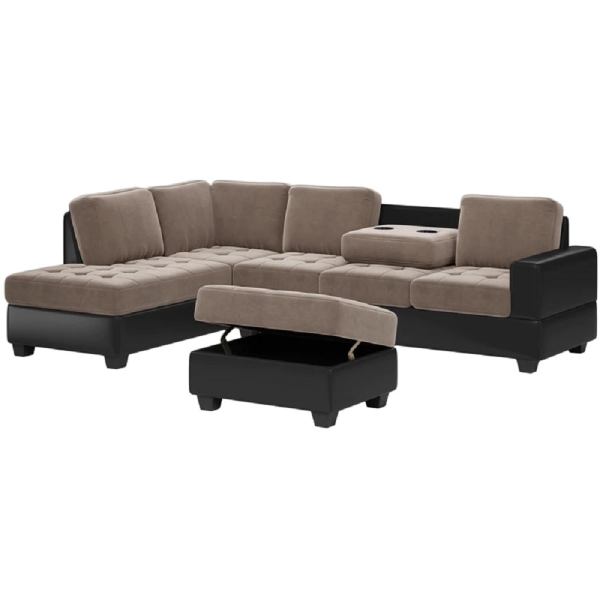 Sectional L-Sofa With Storage Ottoman and Cup Holders