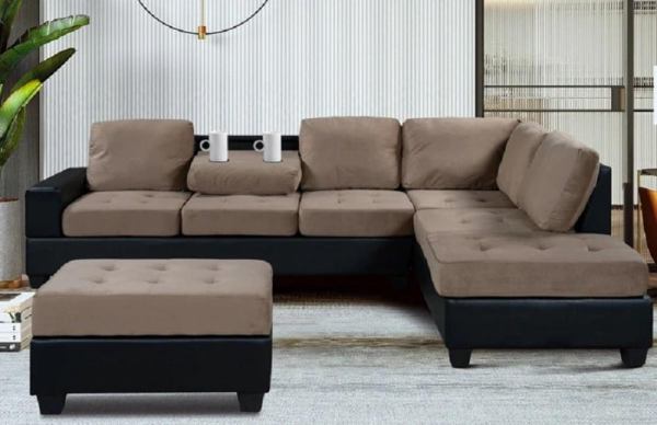 Sectional L-Sofa With Storage Ottoman and Cup Holders