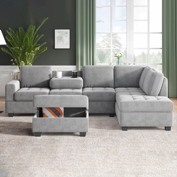 Sectional L-Sofa With Storage Ottoman and Cup Holders