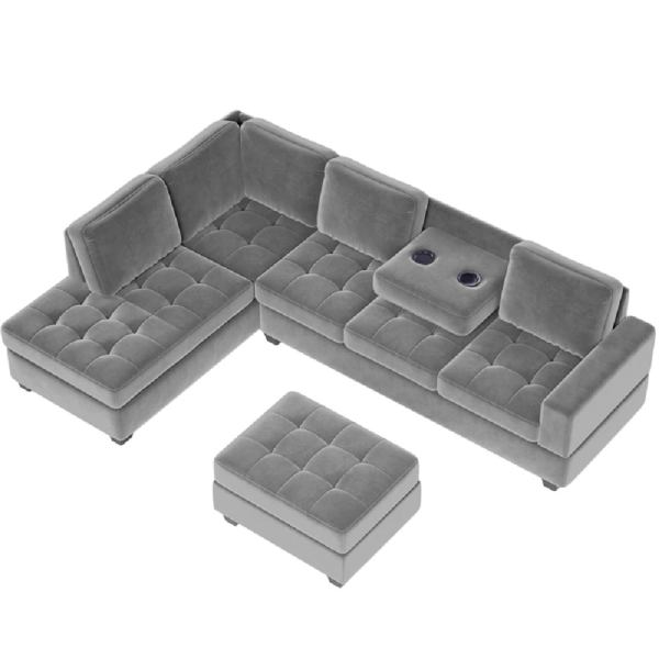 Sectional L-Sofa With Storage Ottoman and Cup Holders