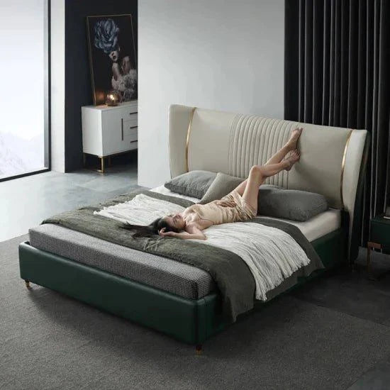 Madrid Style Upholstered Luxury Bed With Storage In Green Leatherette