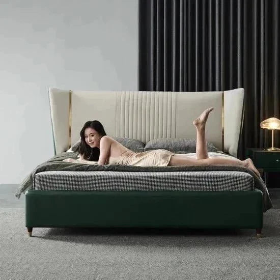 Madrid Style Upholstered Luxury Bed With Storage In Green Leatherette