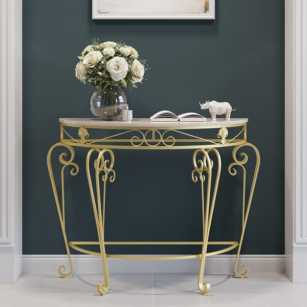 Oval White & Golden Console Table