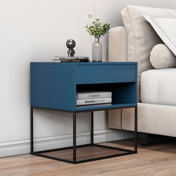 Roman Rich Blue Bed Side Table With Drawer