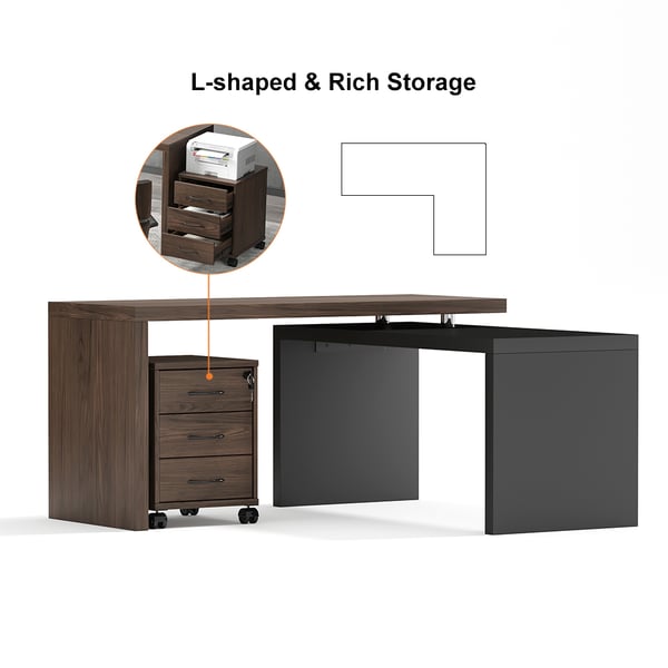 Delmon Movable File Cabinet White & Natural L-Shaped Rotating Desk