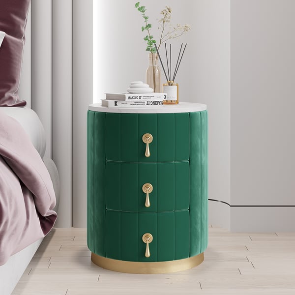 Lavish round green bed side table with golden drawer