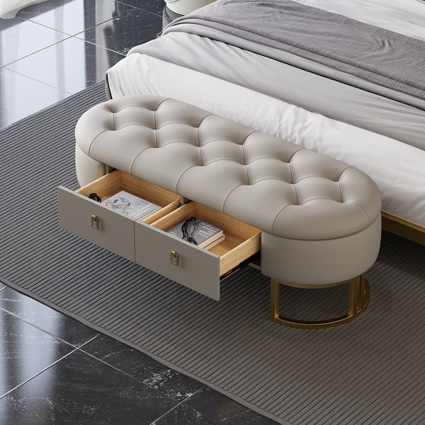 Modern Gray Bedroom Storage Tufted Bench With 2 Drawers In Leather