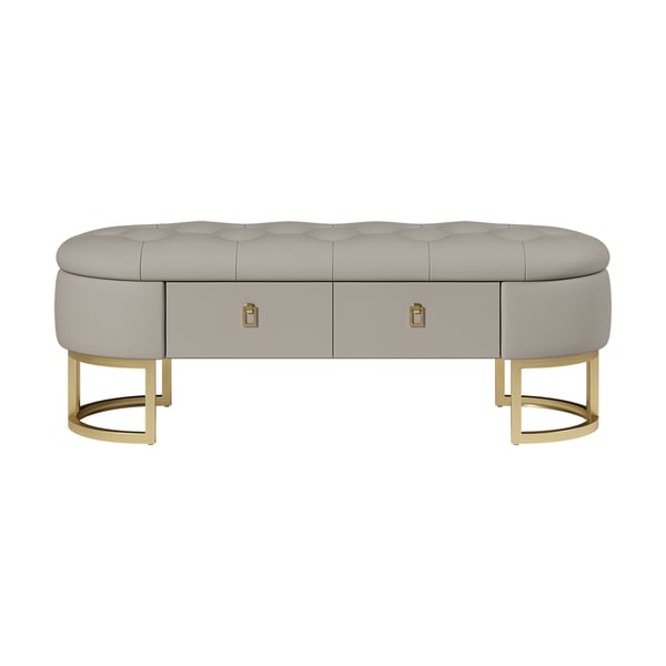 Modern Gray Bedroom Storage Tufted Bench With 2 Drawers In Leather