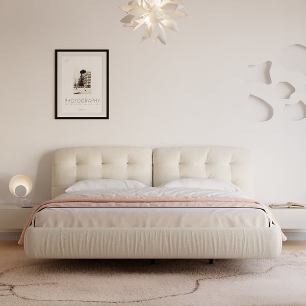 Milky Creme Color Suede Tufting Bed