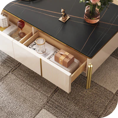 Nordic Modern Black Marble Top Wood Coffee Table with 4 Drawers