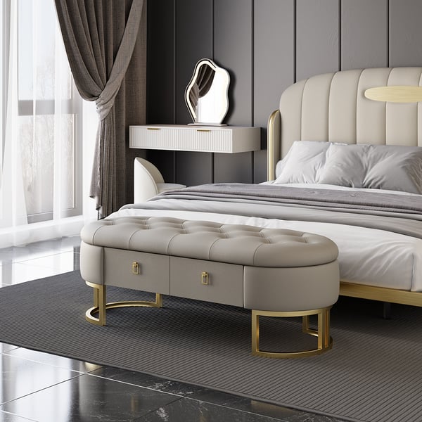 Modern Gray Bedroom Storage Tufted Bench With 2 Drawers In Leather