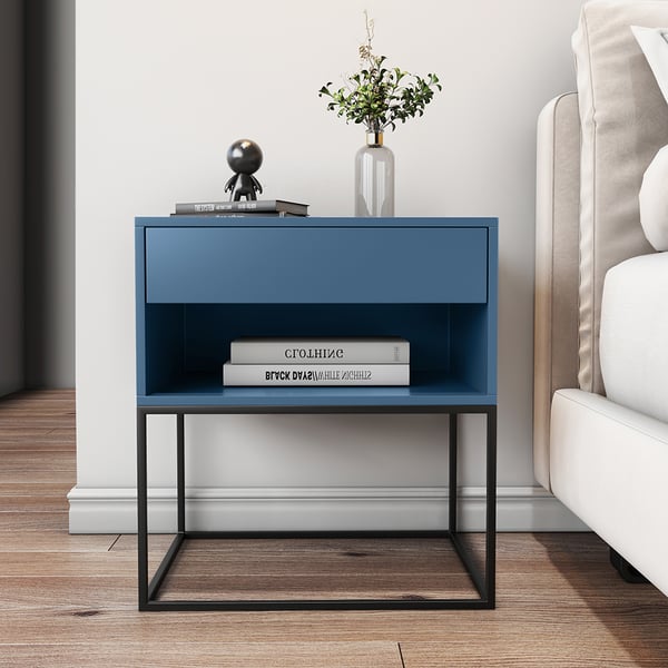 Roman Rich Blue Bed Side Table With Drawer