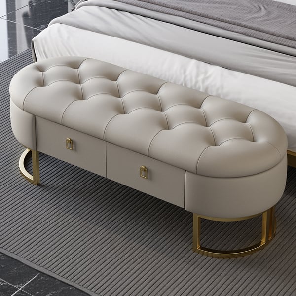 Modern Gray Bedroom Storage Tufted Bench With 2 Drawers In Leather