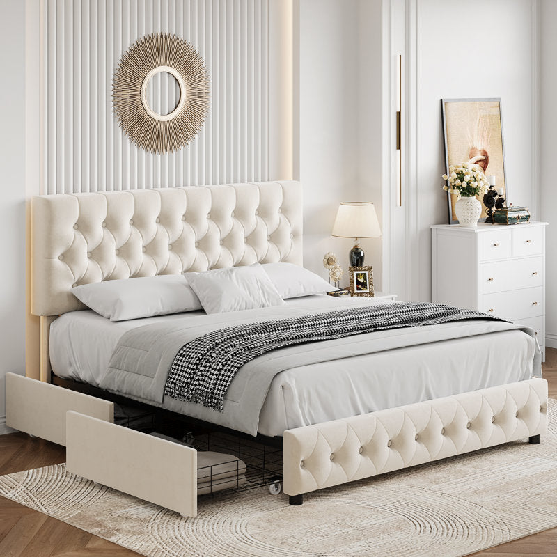 Deblin beige Upholstered Bed With Side Storage – Indian Nest
