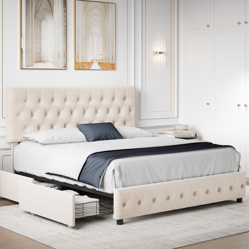 Deblin beige Upholstered Bed With Side Storage – Indian Nest