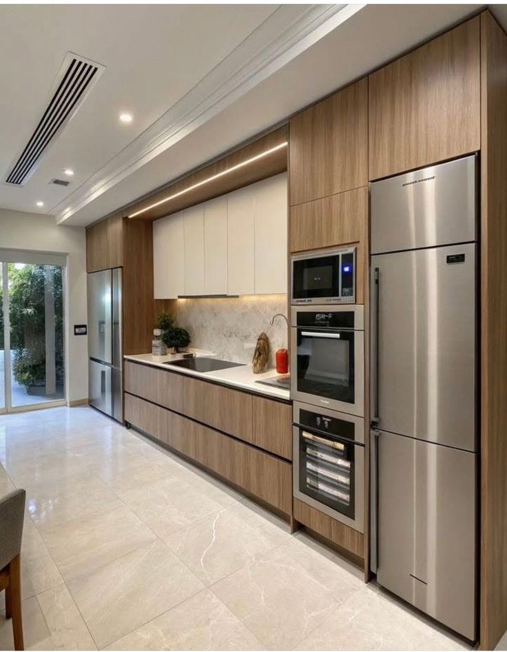Sleek Linear Kitchen with Wood Cabinetry