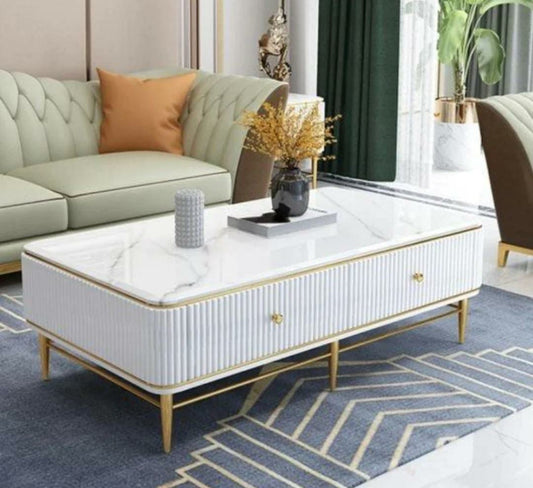 Nordic Modern white Marble Top Wood Coffee Table with 4 Drawers