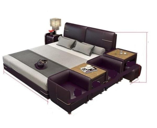 Comfortable Soft Bed With Dresser Stool Made Of Leatherette